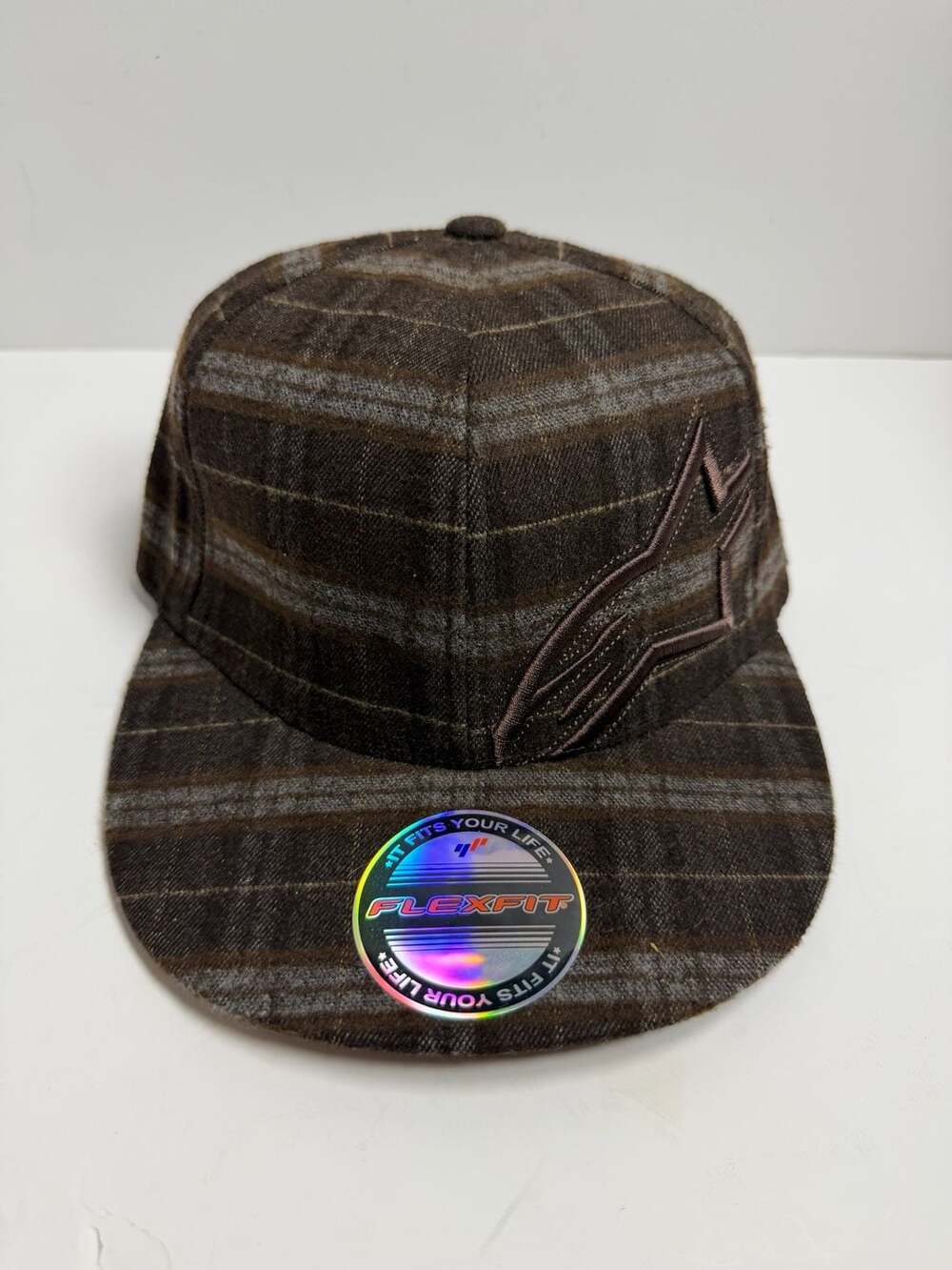 Y2K Alpinestars Brown Plaid Flexfit Cap Size S-M NWT